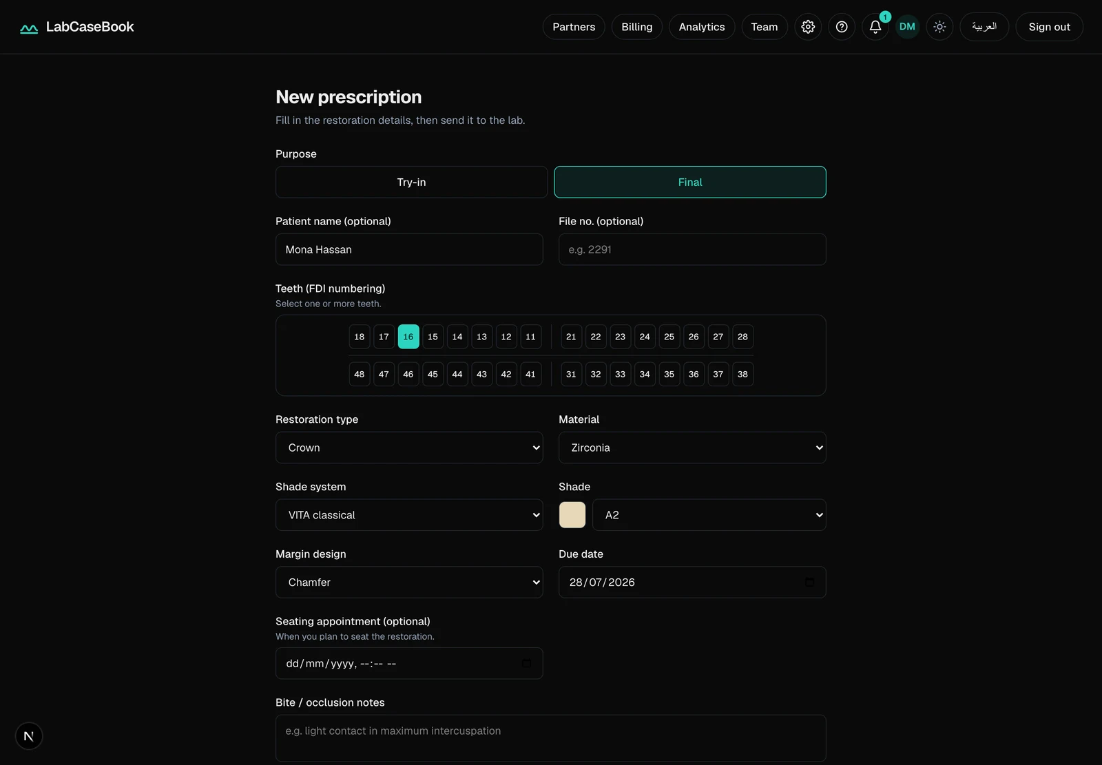 The LabCaseBook new-prescription form with an FDI tooth chart, restoration type Crown, material Zirconia, shade A2 with a colour swatch, and margin design Chamfer